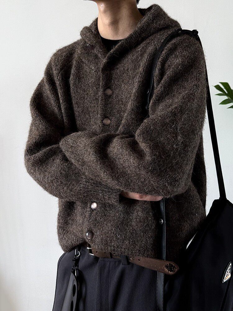 Autumn Winter Mens Japanese-Style Retro Hooded Button-Up Cardigan Sweater