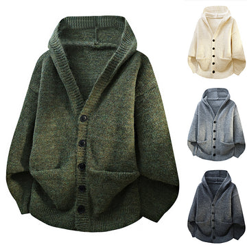 Mens Relaxed Loose-fitting Hooded Cardigan Knit Sweater