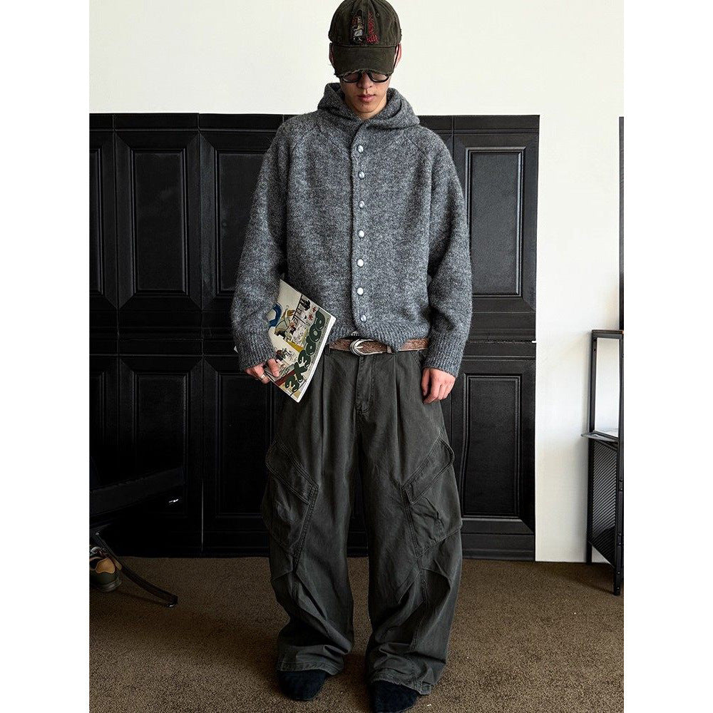 Autumn Winter Mens Japanese-Style Retro Hooded Button-Up Cardigan Sweater