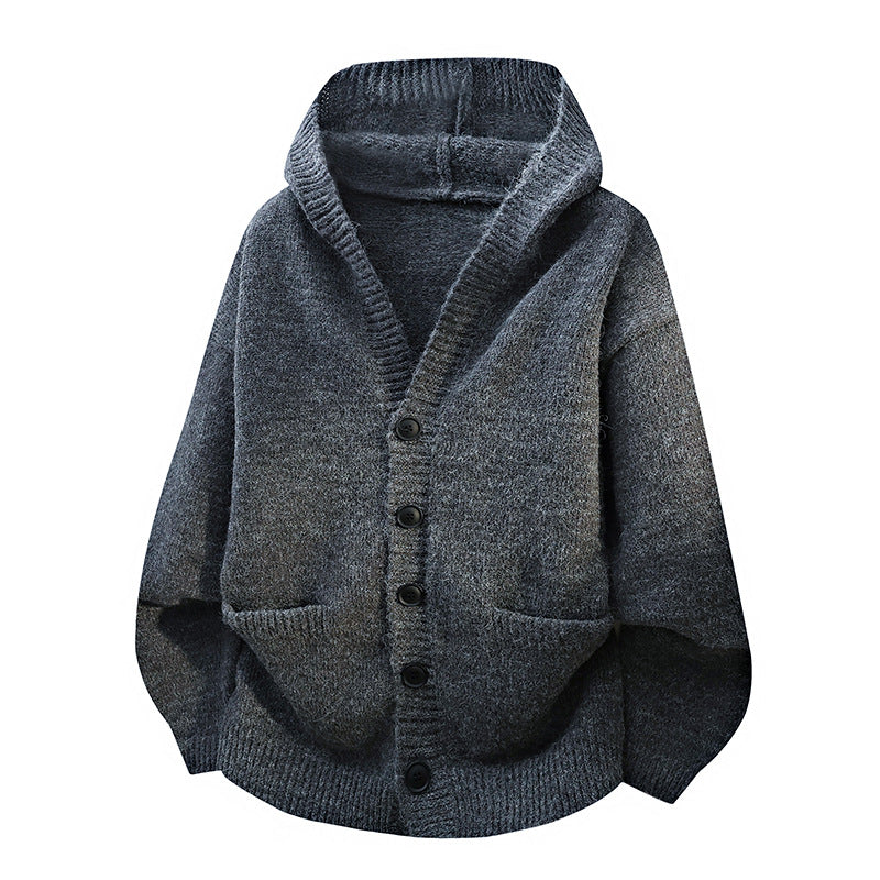 Mens Relaxed Loose-fitting Hooded Cardigan Knit Sweater