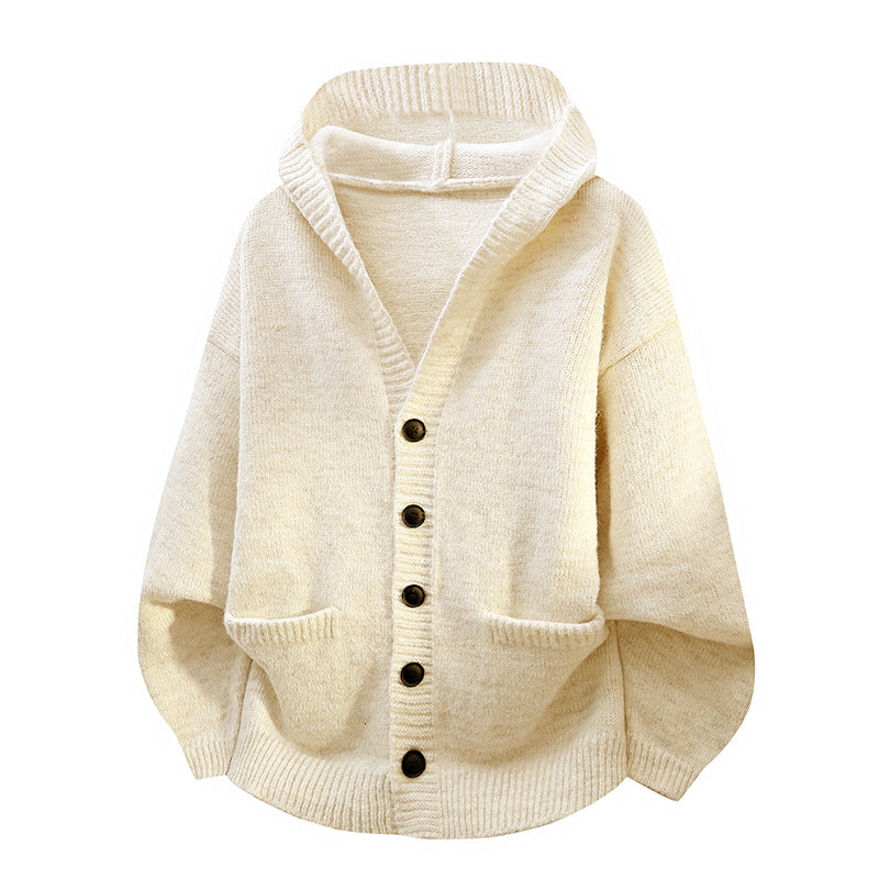 Mens Relaxed Loose-fitting Hooded Cardigan Knit Sweater