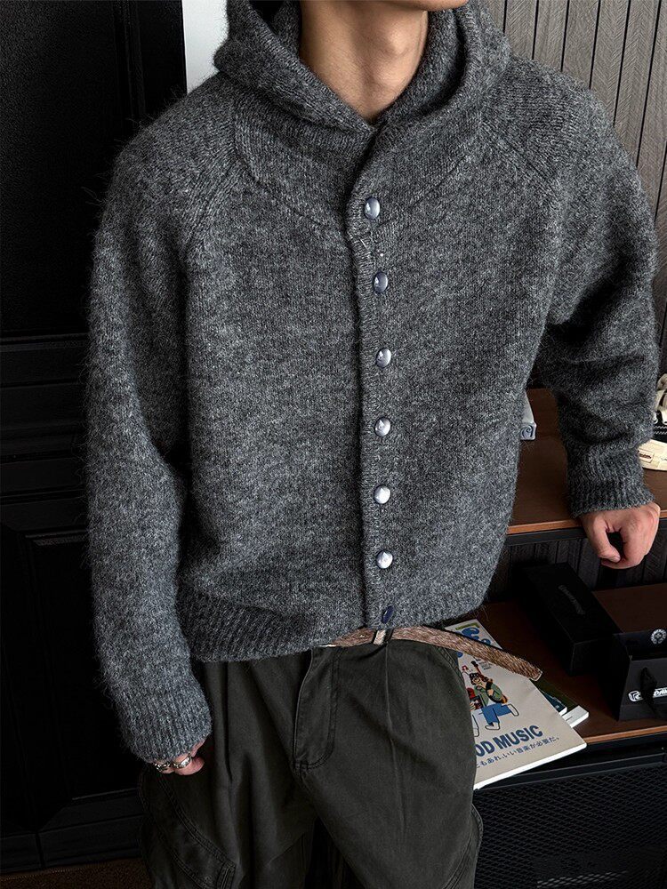 Autumn Winter Mens Japanese-Style Retro Hooded Button-Up Cardigan Sweater