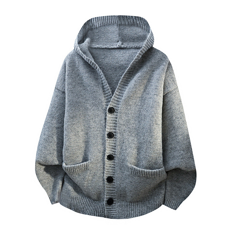 Mens Relaxed Loose-fitting Hooded Cardigan Knit Sweater