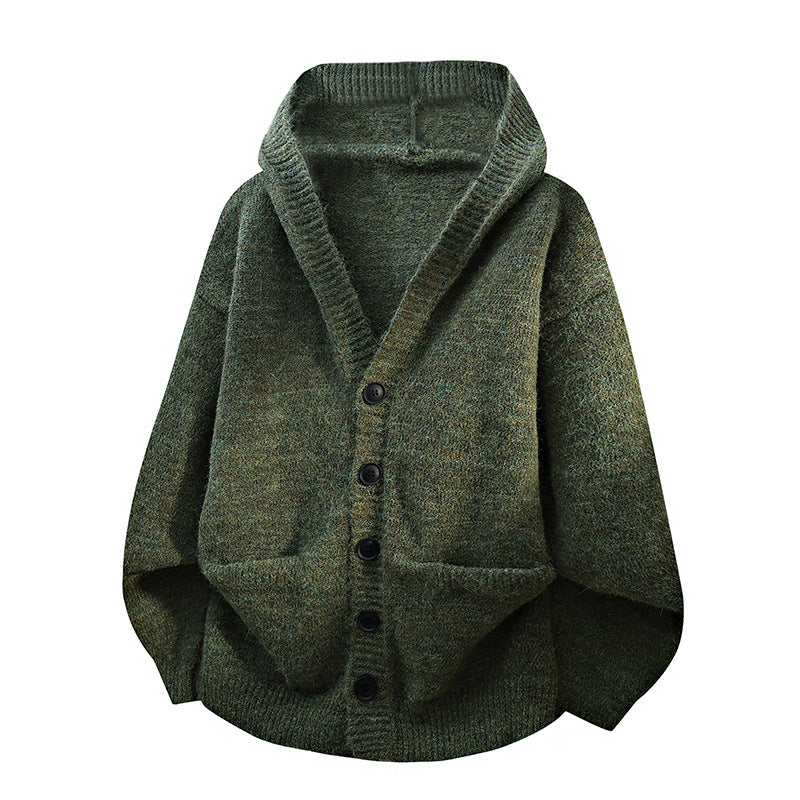 Mens Relaxed Loose-fitting Hooded Cardigan Knit Sweater