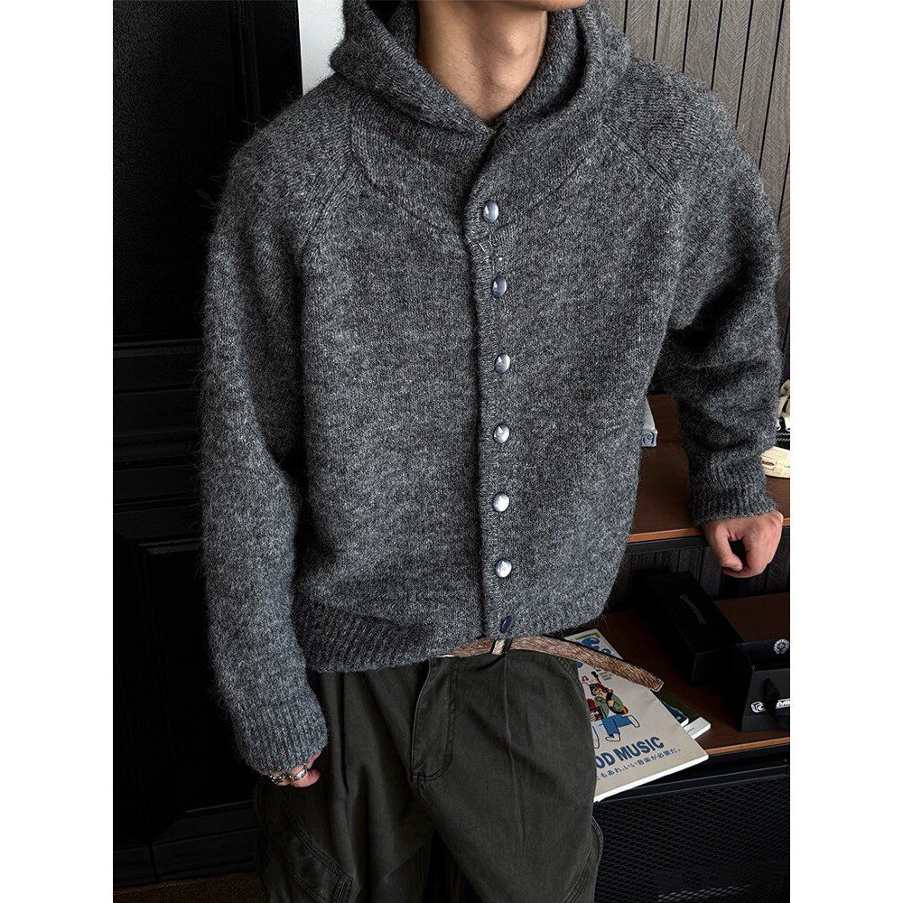 Autumn Winter Mens Japanese-Style Retro Hooded Button-Up Cardigan Sweater